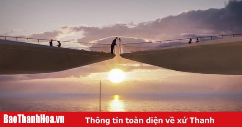 Hình ảnh toàn cảnh cầu Hôn Phú Quốc với hai nhánh cầu vươn ra biển, khoảng cách nhỏ ở cuối tạo điểm nhấn kiến trúc độc đáo cho cây cầu tình yêu này